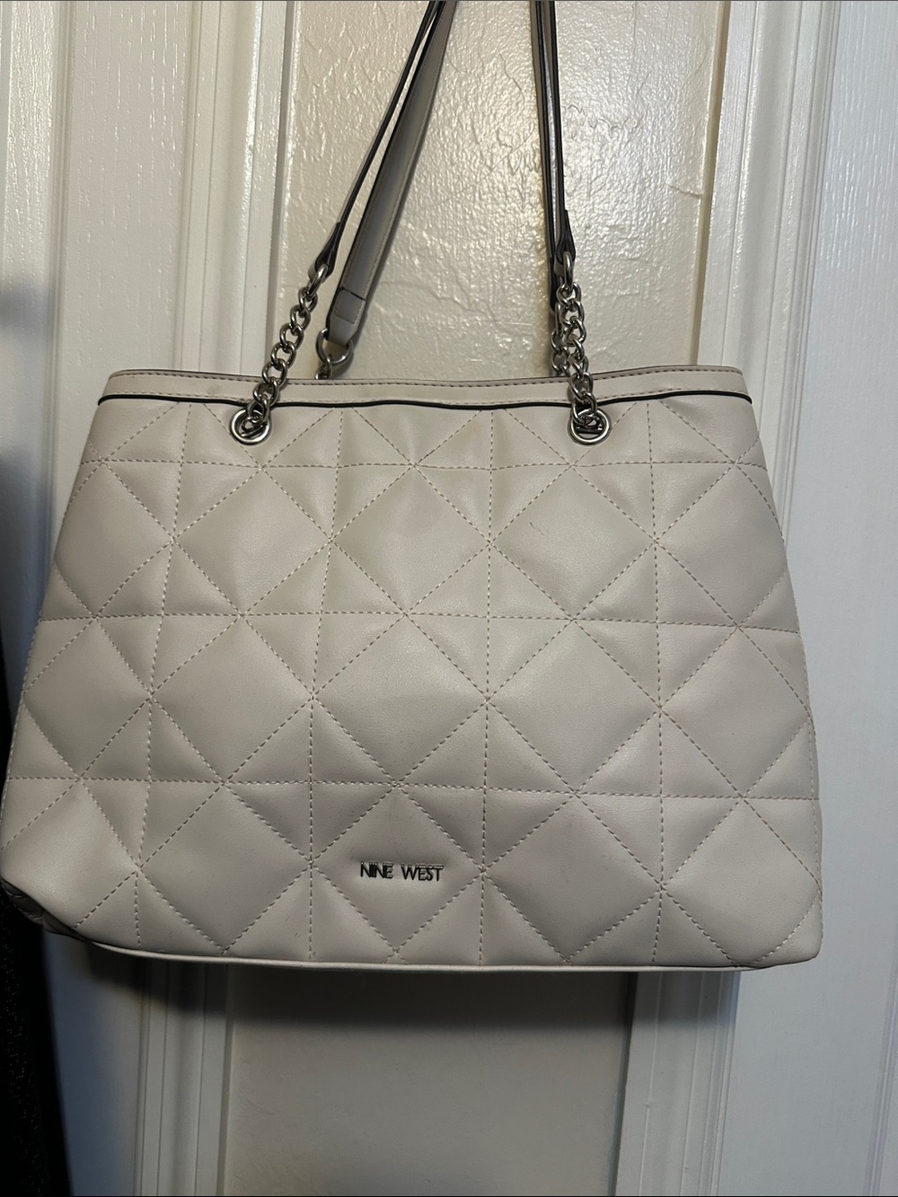 Nine West Quilted Cream Shoulder Tote with Chain-Strap Detail